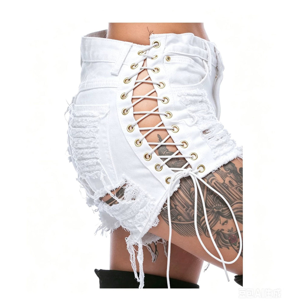 White ripped and frayed denim shorts with tie straps, high-waisted hot pants for women, summer style. spicy girl sexy distressed jeans