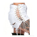 White ripped and frayed denim shorts with tie straps, high-waisted hot pants for women, summer style. spicy girl sexy distressed jeans