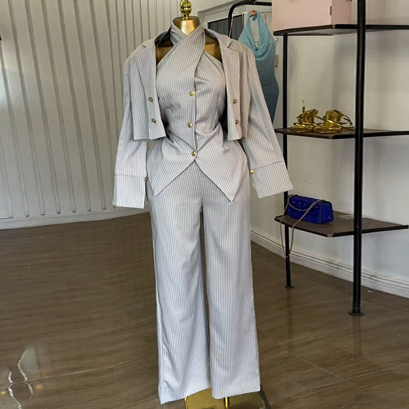 European and american cross-border women's fashion  summer new striped jacket halter vest wide-leg pants set