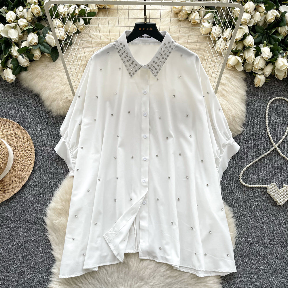 European fashionable tops for women design sense heavy industry inlaid diamond polo collar bat sleeve single breasted loosecasualshirt women
