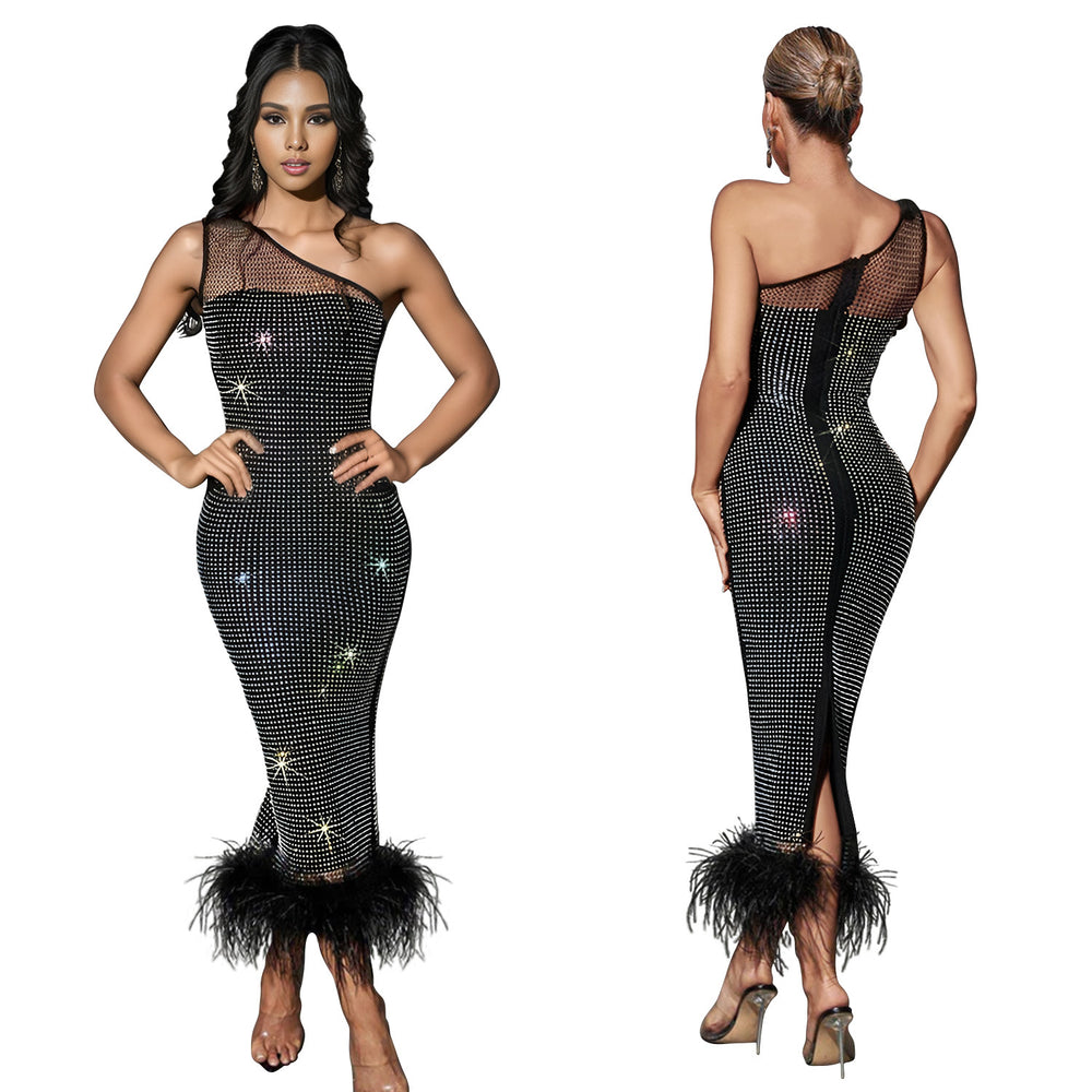 C6666 cross-border   fashion women's one-shoulder mesh rhinestone feather bandage dress