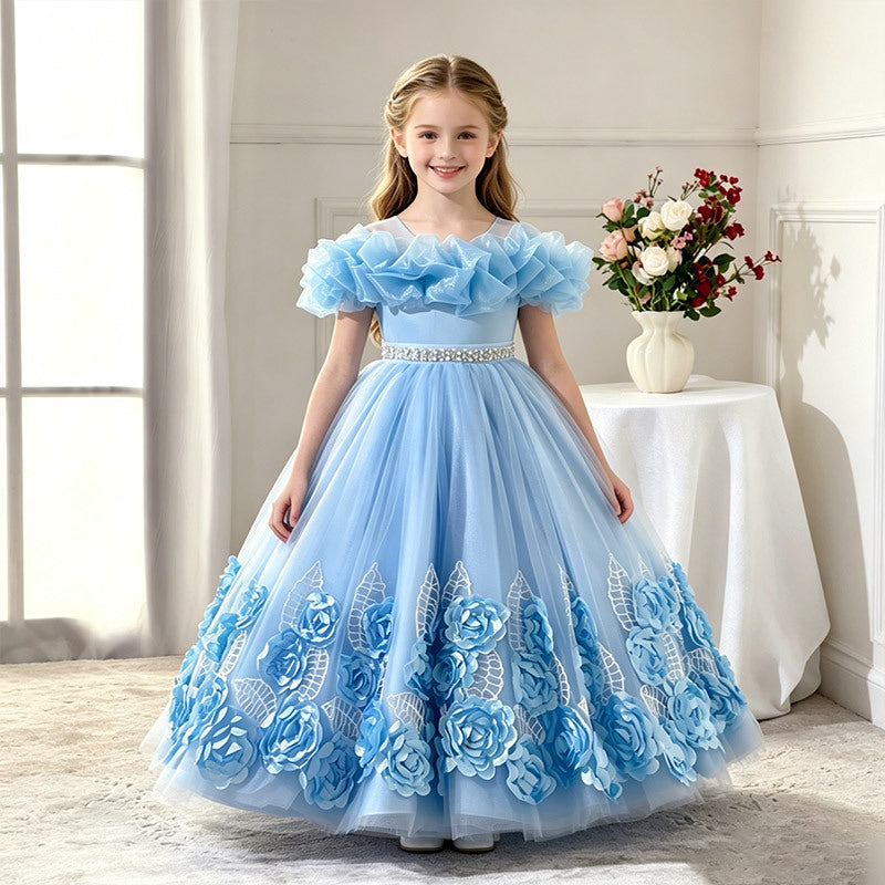 Export kids dress style princess skirt embroider flower beaded tutu skirt host piano wedding dress performance costume