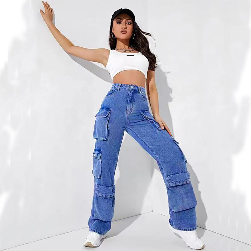 European and american clothing:  fashion hot-selling trendy multi-pocket cargo pants, high-stretch african plus-size jeans