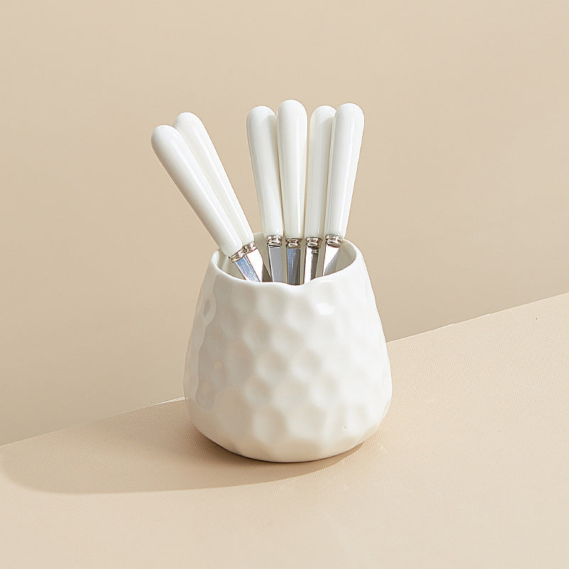 Minimalist style cross-border water cube fruit fork storage jar ceramic handle fruit fork hammered texture high-value jar set