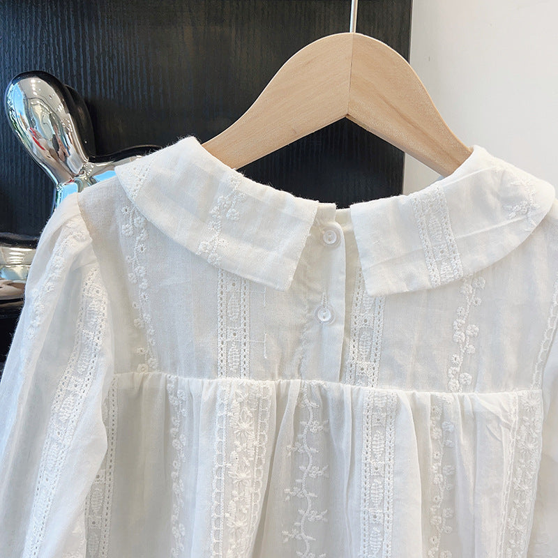 autumn new arrival: long-sleeved jacquard white blouse - stylish korean style baby undershirt with turn-down collar for girls