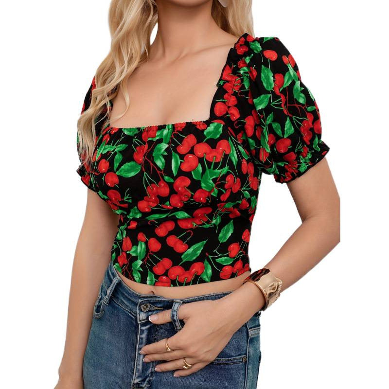 cross-border listing:  new fashion floral square neck elegant vacation top
