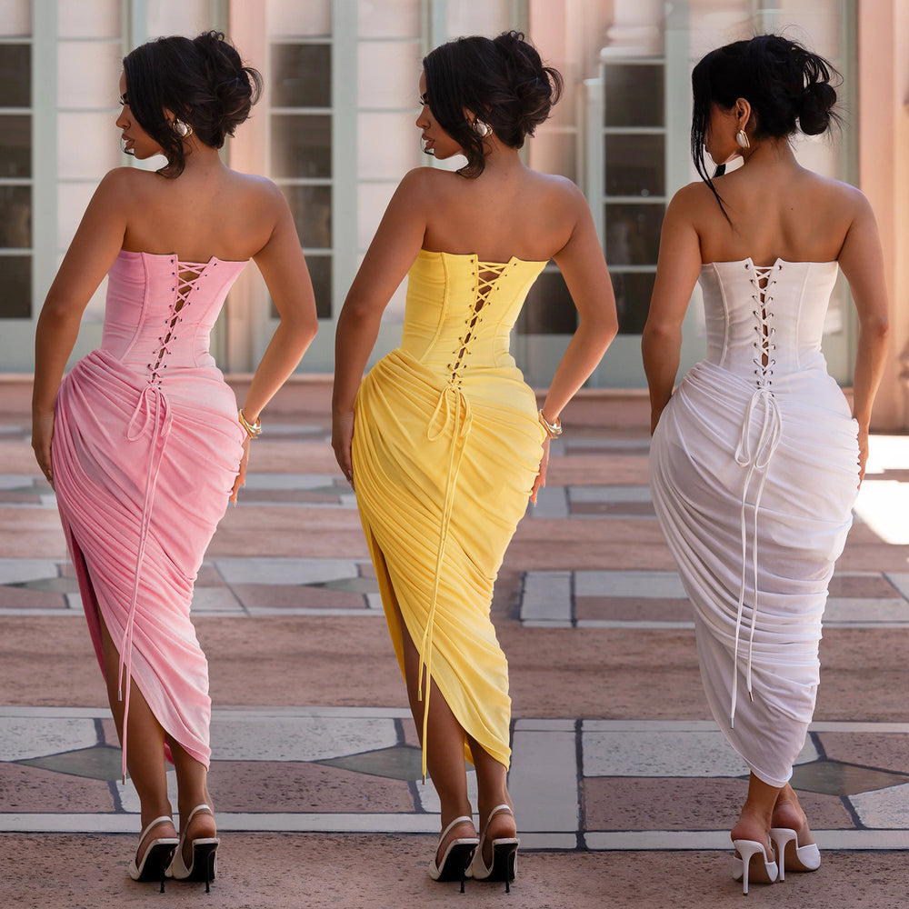 C7729 cross-border   fashion women's sexy off-the-shoulder bandeau ruched bodycon dress