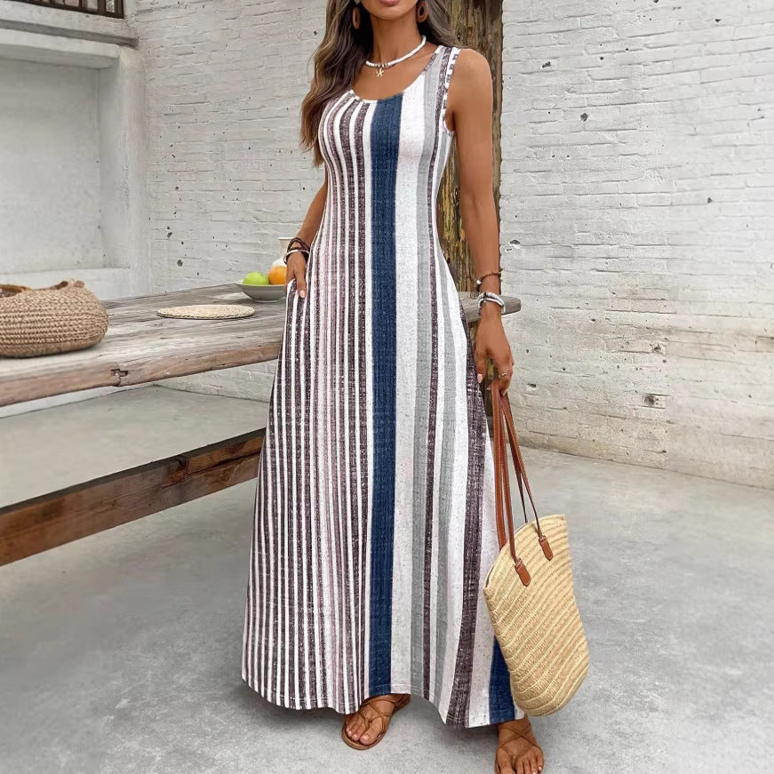 summer european and american cross-border new fashion striped slit maxi dress