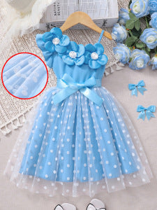 Girls' dress for toddlers and young children, 3d floral appliqué polka dot mesh dress