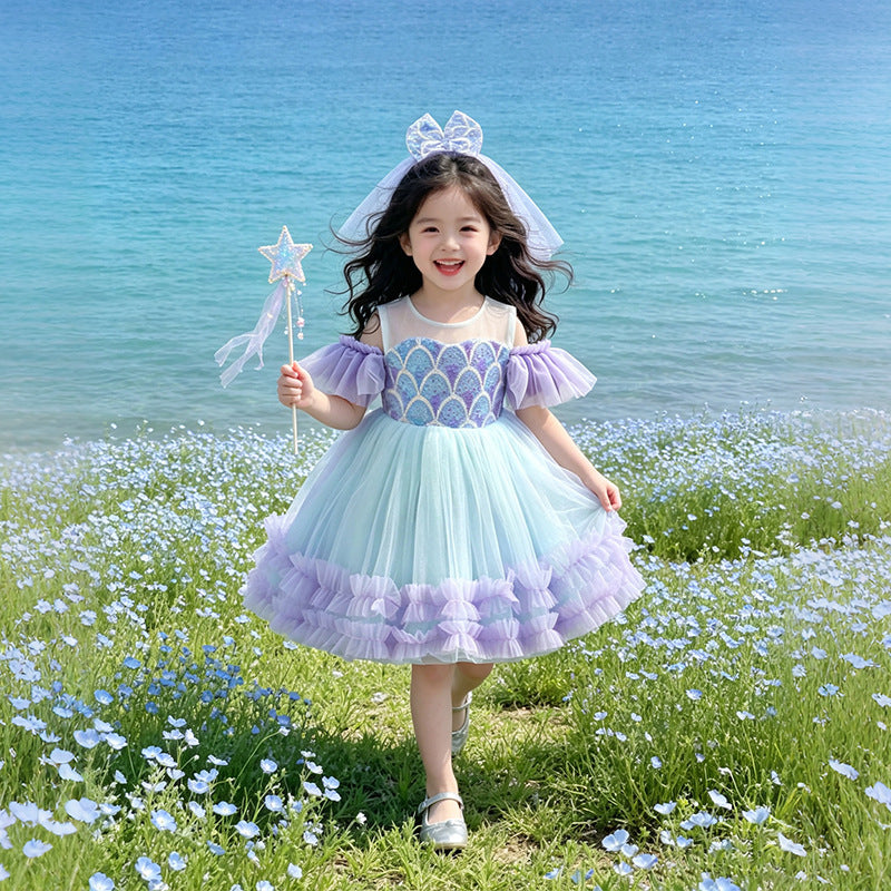 Wholesale rainbow floral princess dress for girls and toddlers - off-the-shoulder birthday dress, dance performance costume - in stock