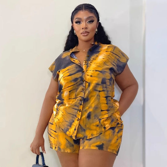 European and American women's clothing short-sleeved lapel large-size printed shirt casual shorts African fashion loose  two-piece set women