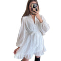 2025 autumn new arrivals: european and american style women's dress - v-neck, long sleeve, sweet color palette, tie-waist, ruffle hem mini dress