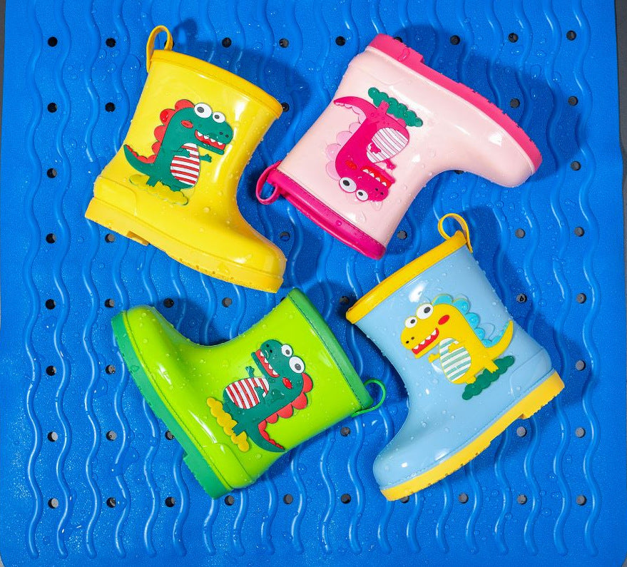 Kids' fashion waterproof warm rain boots - cute cartoon dinosaur design, non-slip, drawstring closure, all-season rain boots for boys and girls