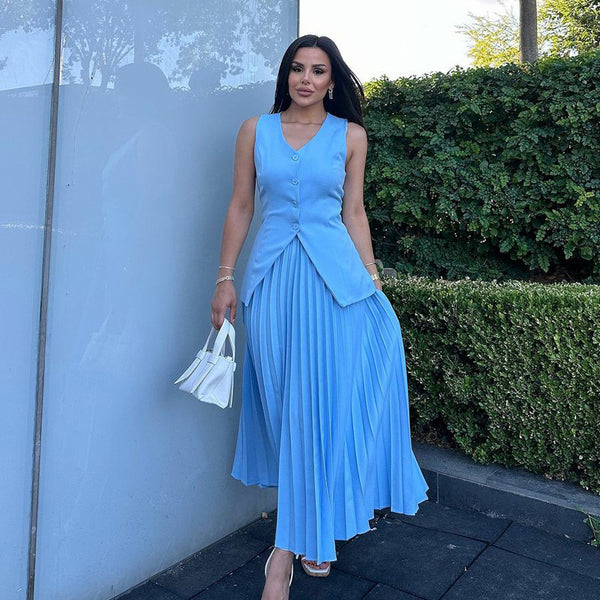 Spot European and American suits women's summer sleeveless vest split-ended solid color large pendulum pleated skirt women's two-piece set summer