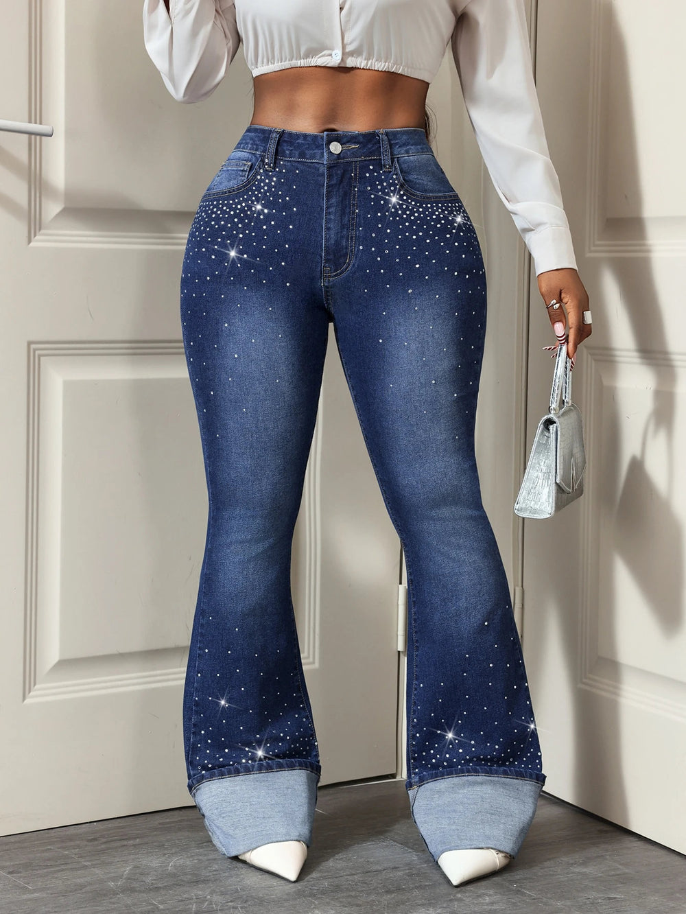 Fashionjeans women's high waist hot diamond slightly flared dark blue washed slimming look silk flanged flared pants