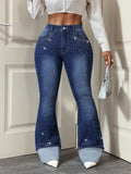 Fashionjeans women's high waist hot diamond slightly flared dark blue washed slimming look silk flanged flared pants