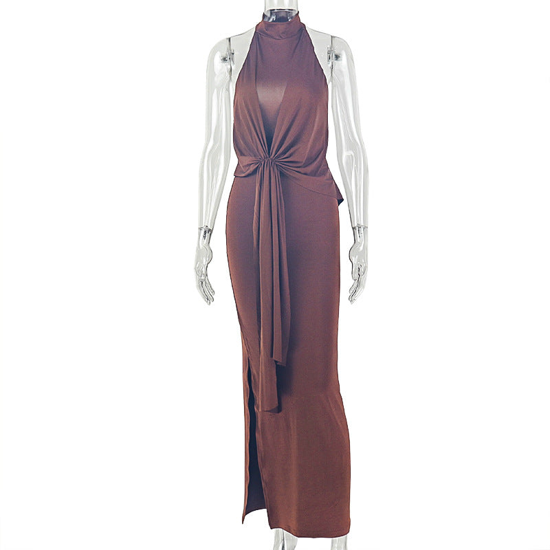 Fashion style pure color silm women's backless sexy street hip skirt slit hanging collar sleeveless strap long dress