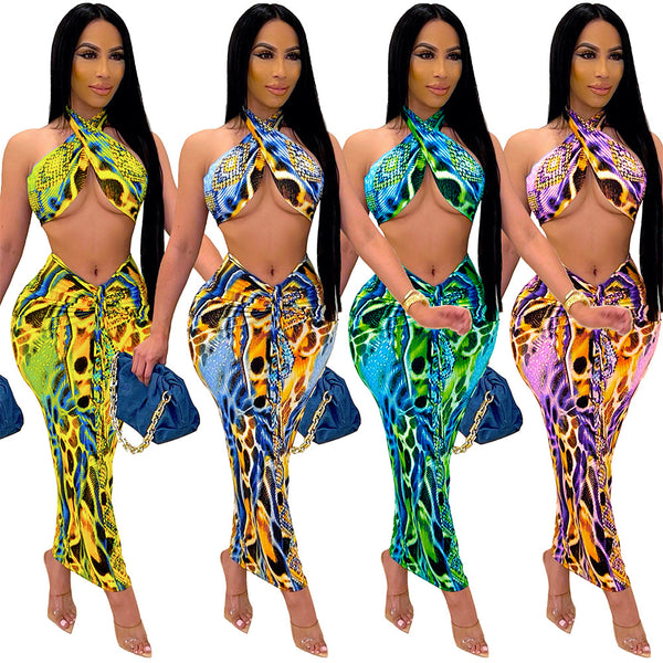 S390152 European and American women's clothing summer hollow neck tube top printed mesh strap sexy skirt set nightclub