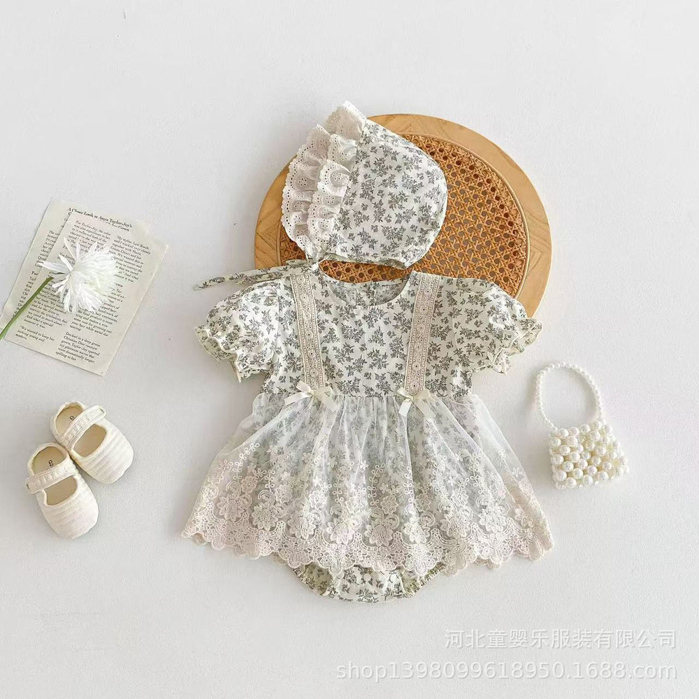 Newborn baby summer romper dress - baby girl short sleeve lace outfit - 100-day celebration dress - princess style outerwear - crawling suit - trendy