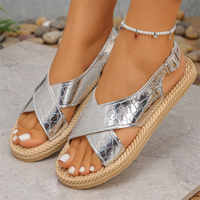 foreign trade summer new large size anti-woven bottom metal buckle crocodile pattern cross-border comfortable lightweight sandals for women