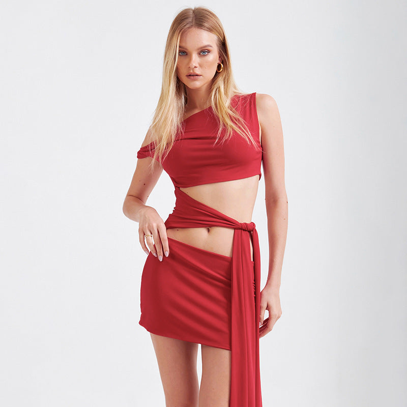 european and american women's clothing  spring/summer new arrivals: solid color asymmetrical neckline sexy cutout tie-up bodycon mini dress