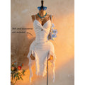 Women's new summer romantic vacation solid color mesh twist knot asymmetrical hem midi slip dress