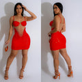 C6768 cross-border   fashion women's solid color mesh rhinestone suspender mini dress