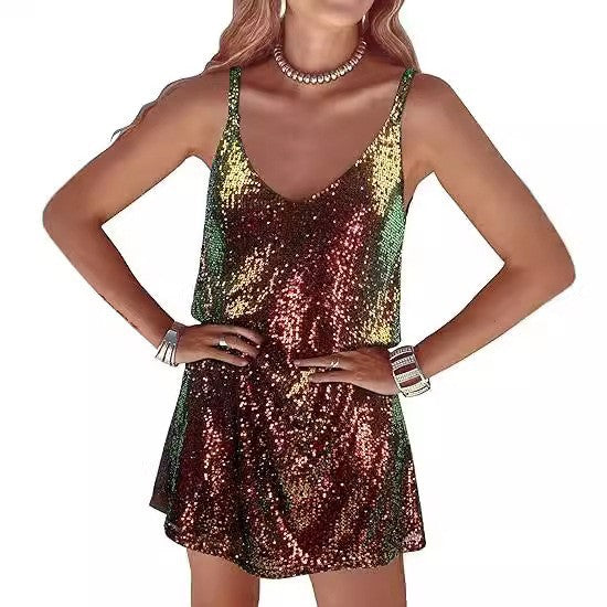 Amazon women's loose v-neck nightclub sexy hot girl dress - pure & sultry style, european & american style spaghetti strap sequin dress
