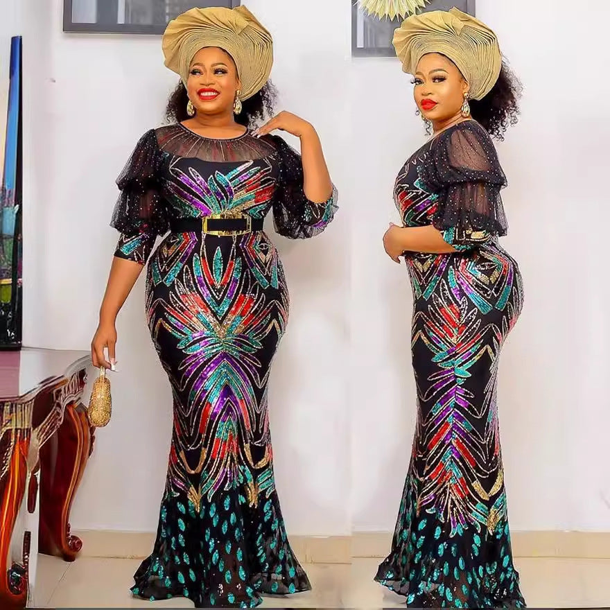 supply colorful sequins sequins hot diamond waist fishtail long skirt african women's dress dress