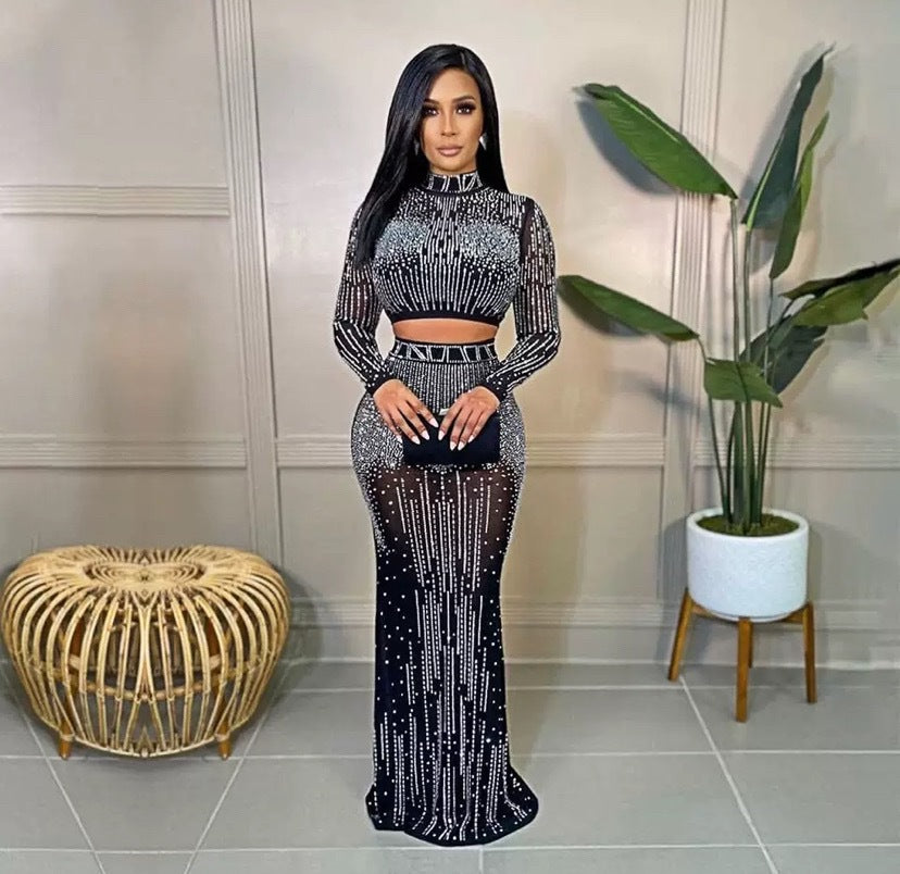 Cross-border  women's hot diamond dress set, semi-turtleneck sexy open-button top, hip-wrapped skirt set.