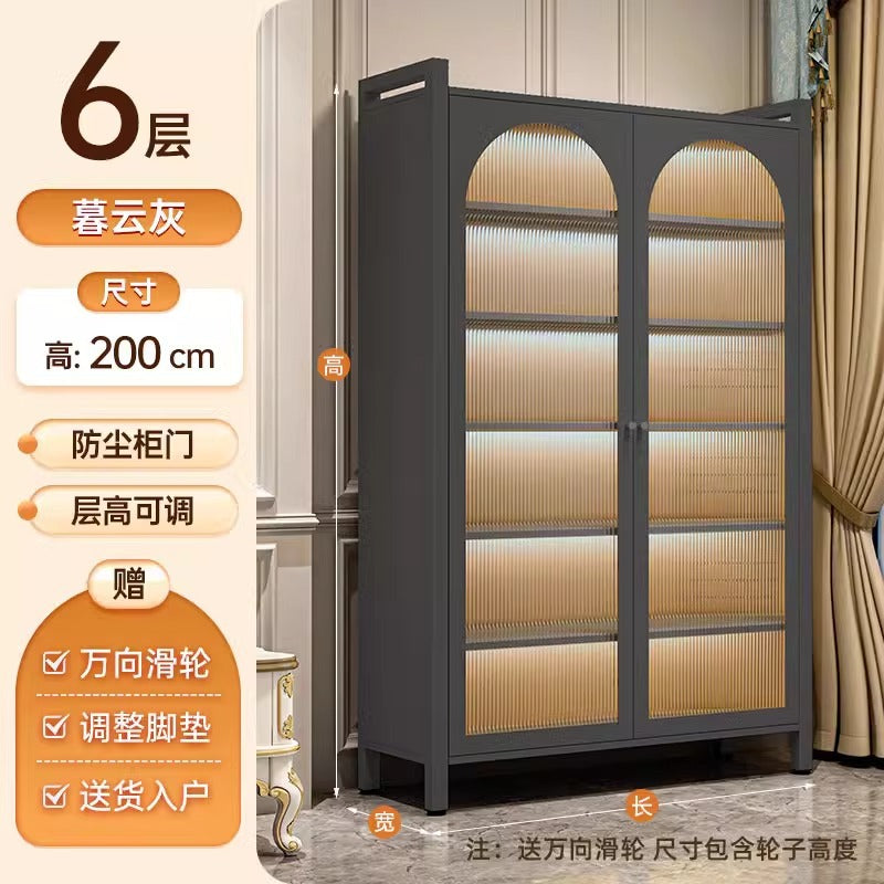 Steel bookshelf with glass door dustproof bookcase living room storage cabinet iron storage cabinet cream style figure display cabinet