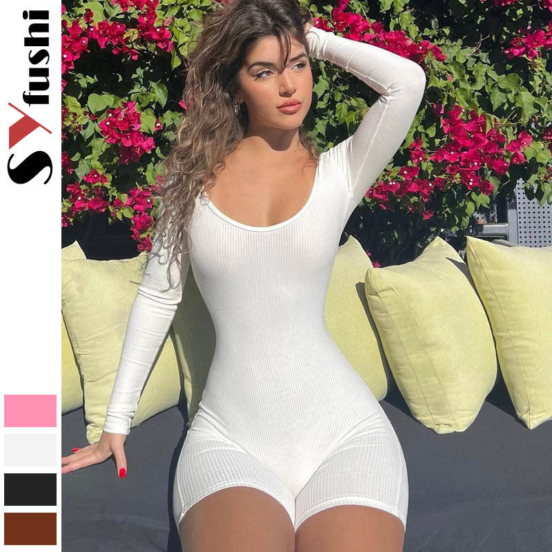 2024  high-end fashion women's clothing new solid color yoga pants threaded integrated leaking back halter long-sleeved shorts