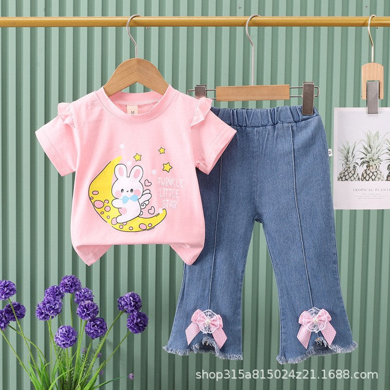 Girls' outfit  new cartoon cute animal korean style denim shorts lace short sleeve two-piece set for young children and toddlers