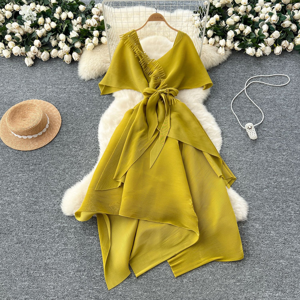 Fashionable v neckstereopatchwork strap waist asymmetrical pleated dress women's celebrity fashionable dress