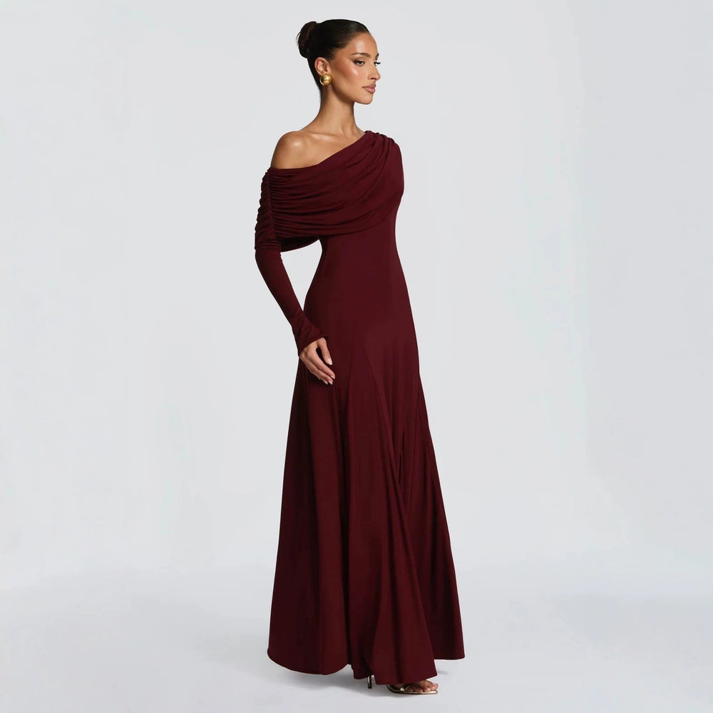 cross-border european and american style one-shoulder long sleeve ruffle neck pleated formal dress solid color slimming waist dress wholesale