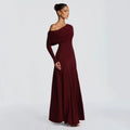 cross-border european and american style one-shoulder long sleeve ruffle neck pleated formal dress solid color slimming waist dress wholesale