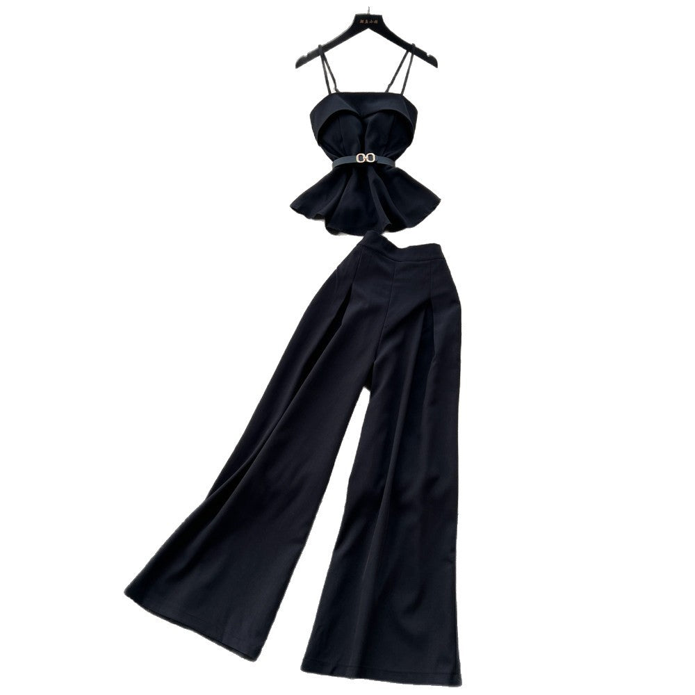 Minimalist style commuter set for women - spring/summer premium camisole & waist-cinching vest with high-waisted wide-leg pants (two-piece set)