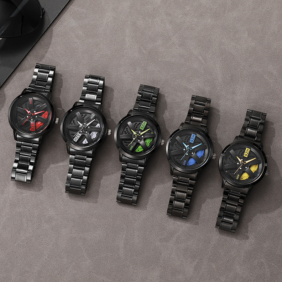 New hollow-out creative tech men's steel band watch with rotating bezel - quartz watch for cross-border e-commerce
