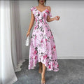 Women's new summer romantic retro beach vacation asymmetrical pink maxi dress with ruffle hem and off-shoulder neckline