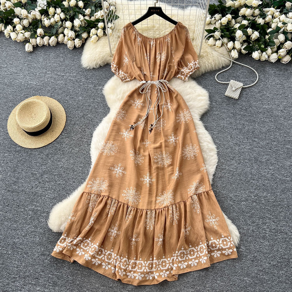 Literaryretro one shoulder lantern sleeve strap waist printingdress women's summer slimming lookelegantruffles long skirt