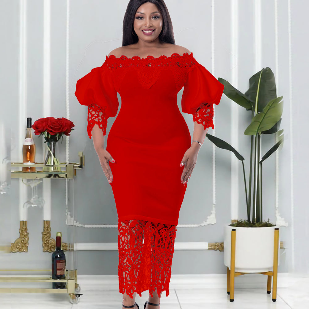 D247 cross-border new one-shoulder off-the-shoulder bodycon lace patchwork lantern sleeve european and american style formal dress - export dress