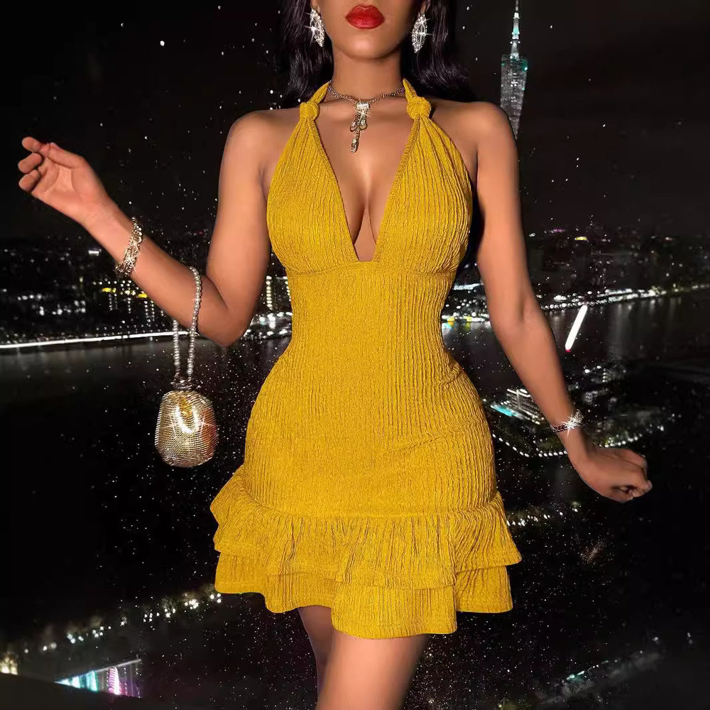 summer new arrival: halter neck sexy low-cut bodycon solid color bodycon dress - european & american style fashion women's clothing