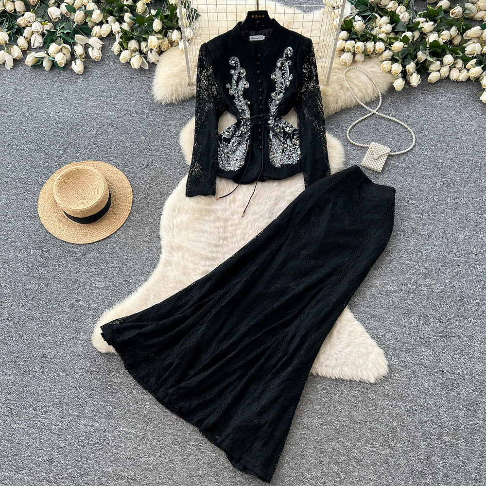 French chic beaded v-neck lace two-piece set - women's summer commute style, slim fit, high-end elegant outfit