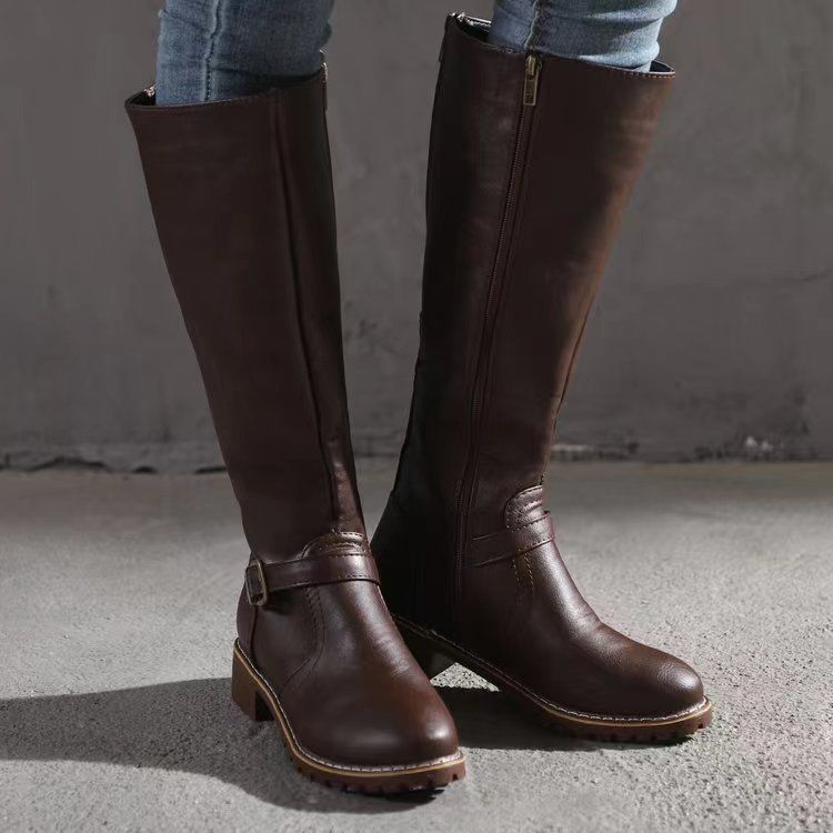 fall and winternew arrivalfashion side zipper round head belt buckle knee high women's knight boots in stockplus size boots for women