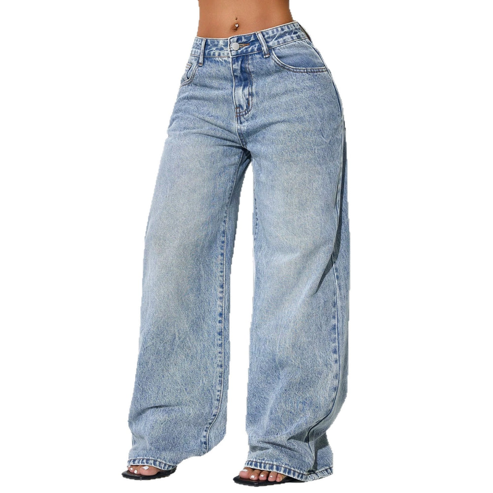 Fashionjeans women's light blue snowflake washed retro distressed high waistloosedrapedmop wide leg denim pants