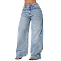 Fashionjeans women's light blue snowflake washed retro distressed high waistloosedrapedmop wide leg denim pants