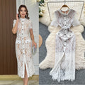 Elegant women's dress -  summer french chic, single-breasted, cinched waist, slim-fit, short sleeve, lace-trimmed slit maxi dress