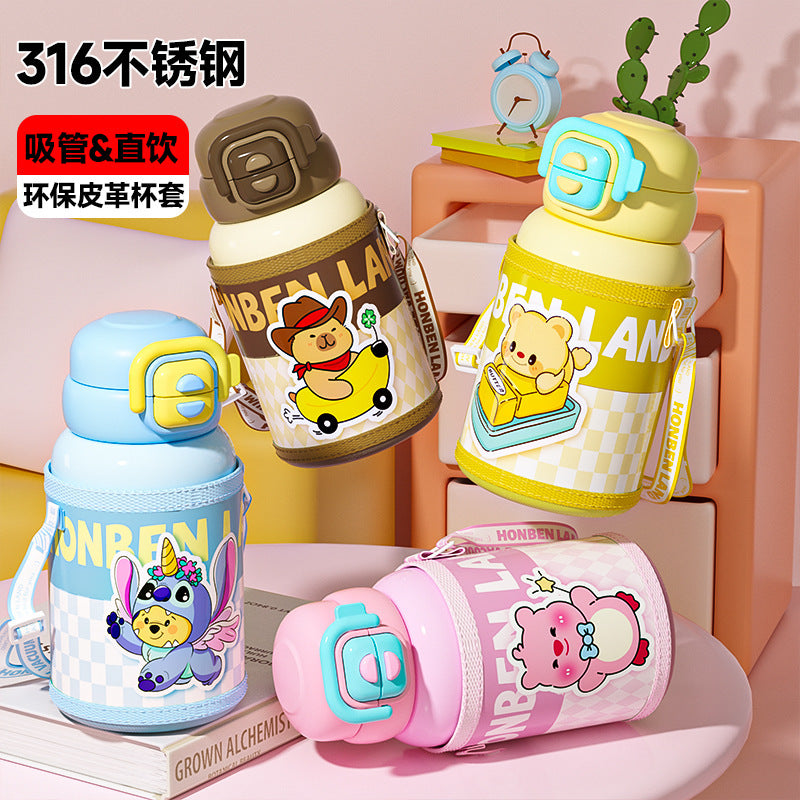Kids' insulated water bottle, 316 food-grade stainless steel, eco-friendly pu sleeve, double-drink straw cup for elementary school students
