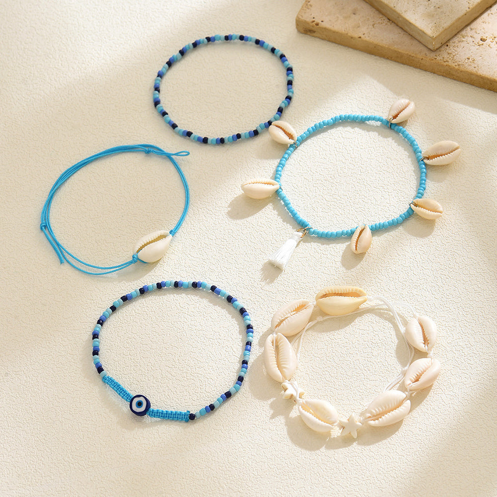 Wholesale seashell anklets - cross-border summer ocean-inspired accessories for women - versatile, unique, handmade blue rice bead starfish leg rings