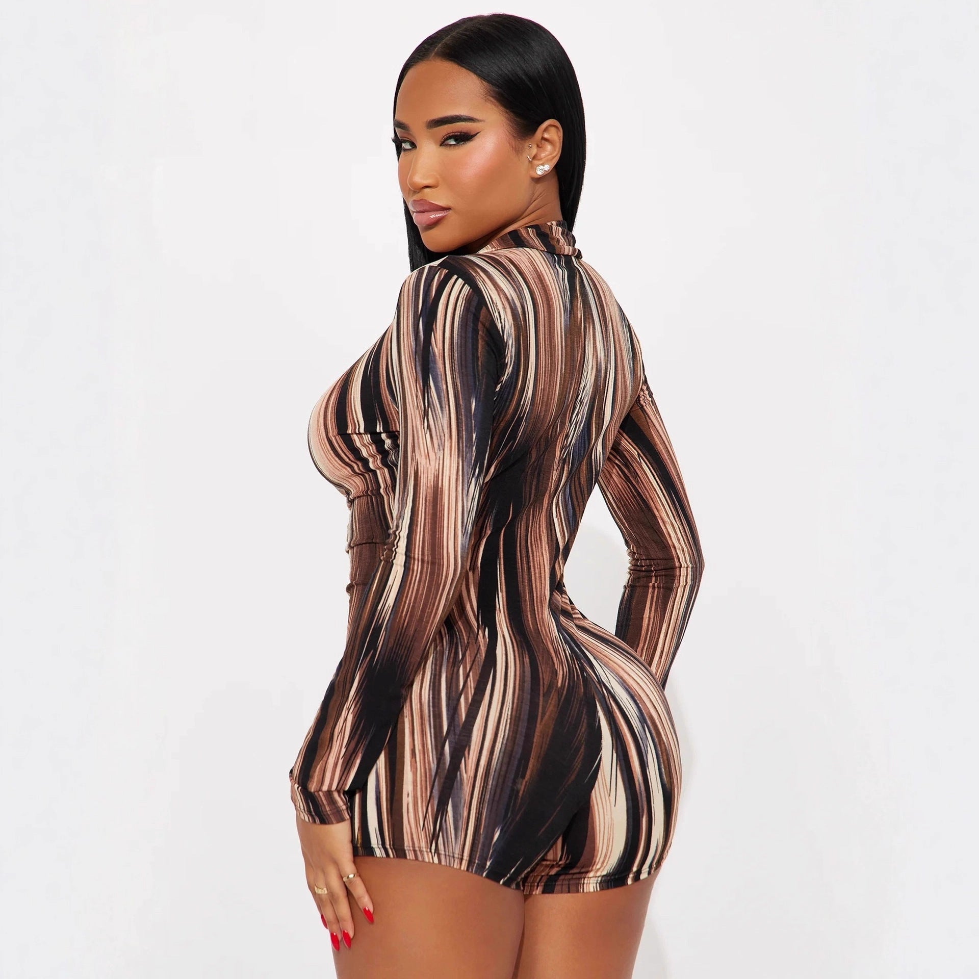 Europe, America 2025 autumn new mixed-color vertical pattern sexy slim-fit cardigan single-breasted women's onesie jumpsuit